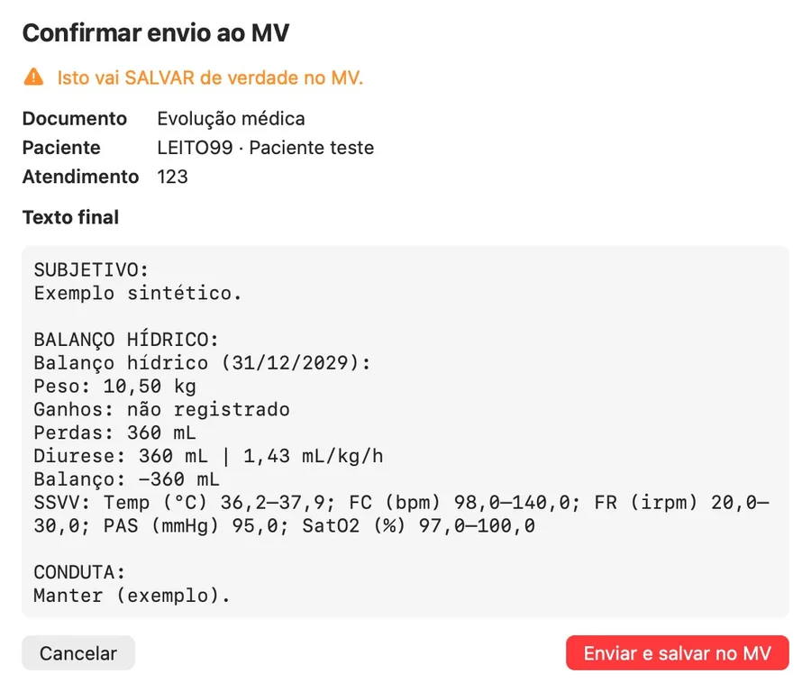 Tela de confirmação de envio ao MV com paciente de teste e texto sintético, e o aviso de que o envio salva de verdade